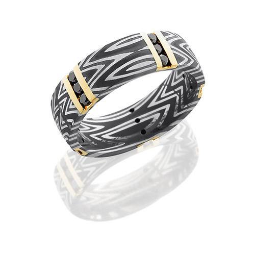 Lashbrook Damascus Steel And 14k Yellow Gold With Black Diamond Wedding Band - 5thavenuedesigns