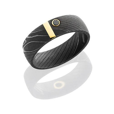 Lashbrook Damascus Steel And 14k Yellow Gold With Black Diamond Wedding Band - 5thavenuedesigns