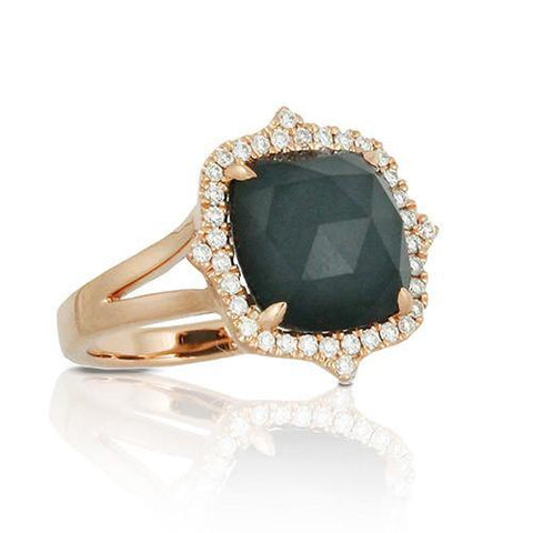 18K Rose Gold Doves Diamond Ring With Clear Quartz Over Hematite - 5thavenuedesigns